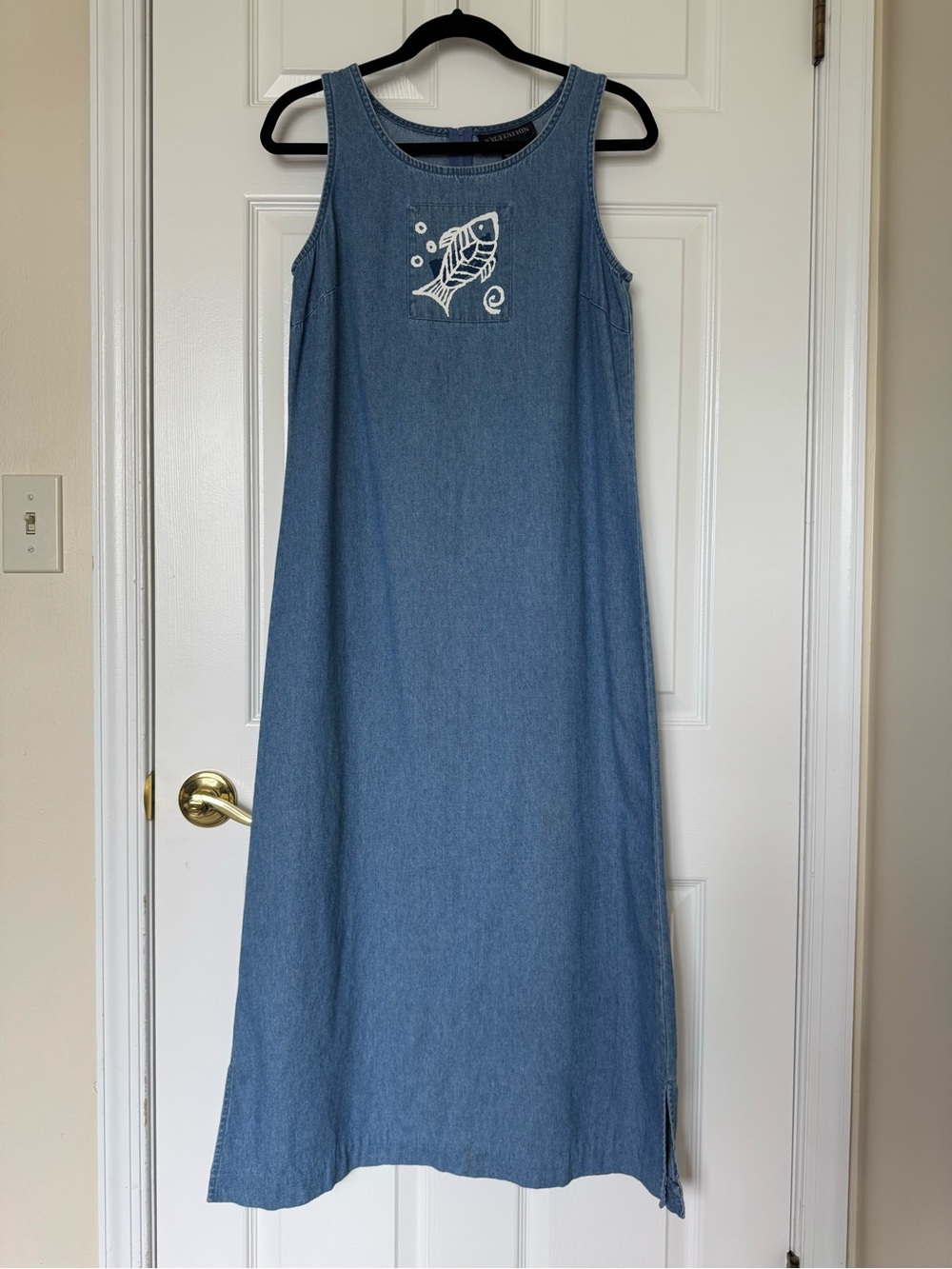 Vintage 90s  Blue Denim Fisherman Maxi Dress with White Fish Print